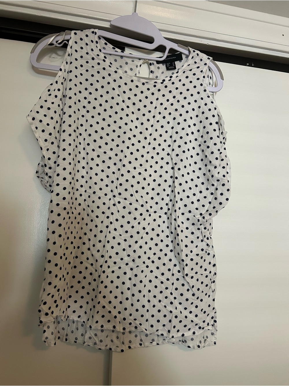 Atmosphere White and Navy Polka Dot Cold-Shoulder Blouse